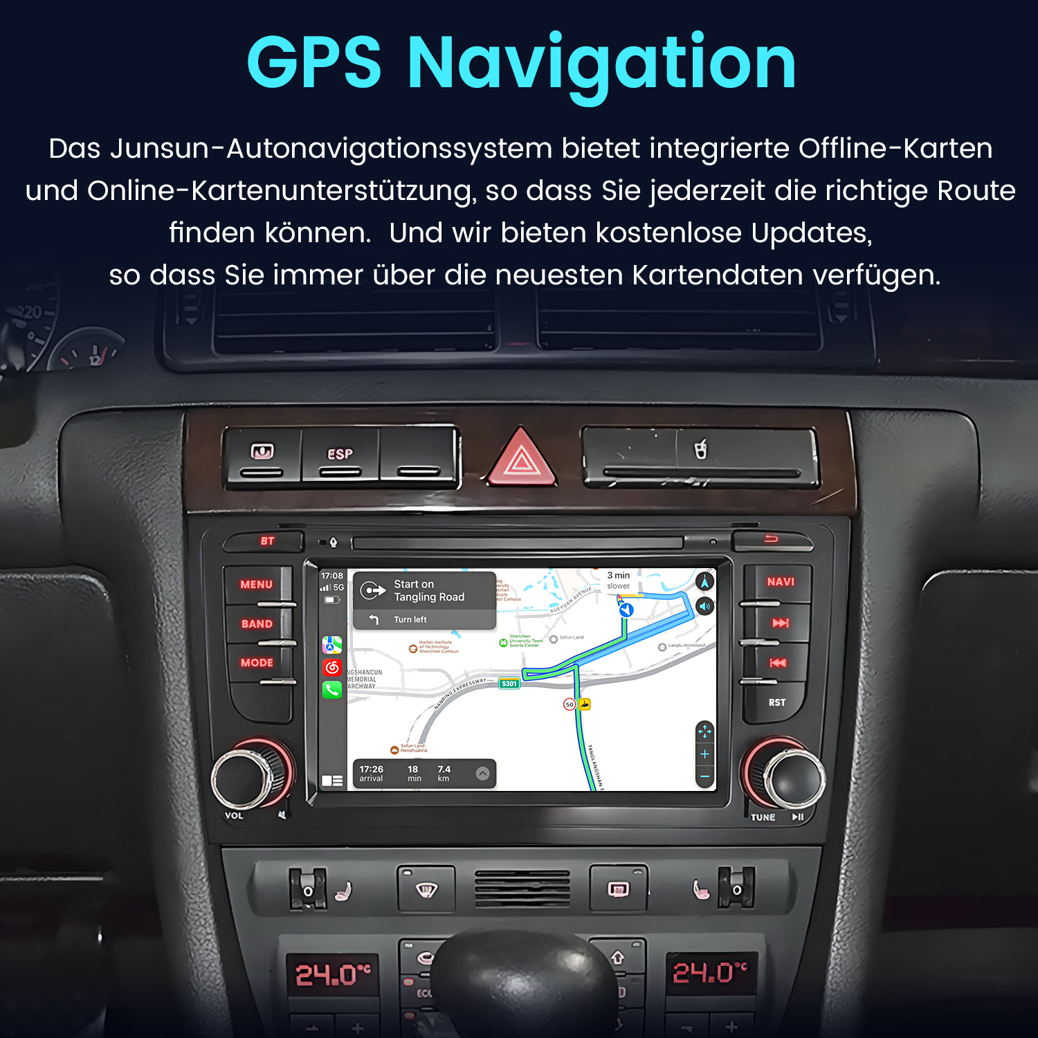 Deska rozdzielcza samochodu z ekranem nawigacji GPS wyświetlającym mapę trasy.