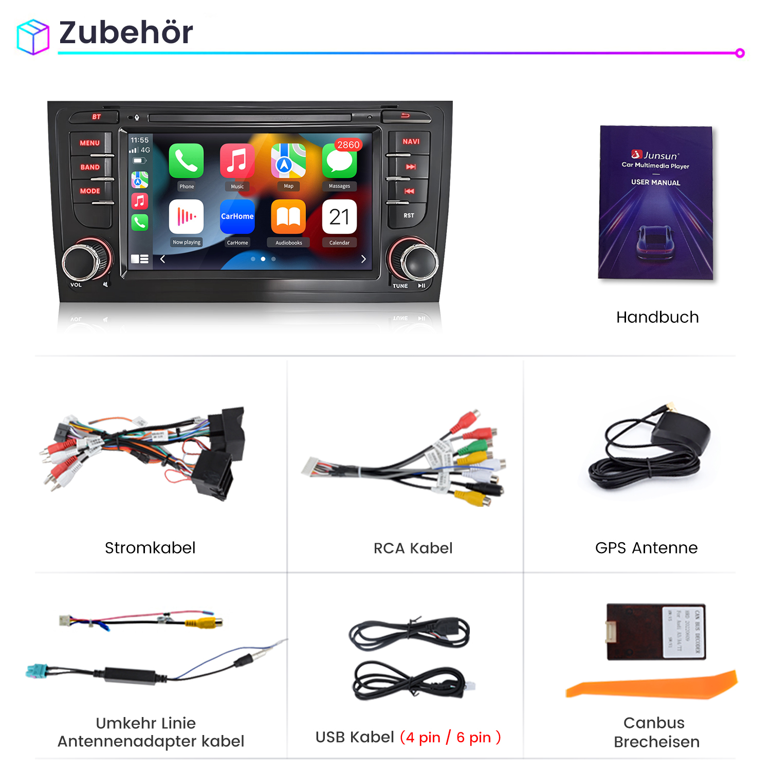 Auto-Multimedia-Player mit Kabeln und Zubehör. Benutzerhandbuch ist enthalten.