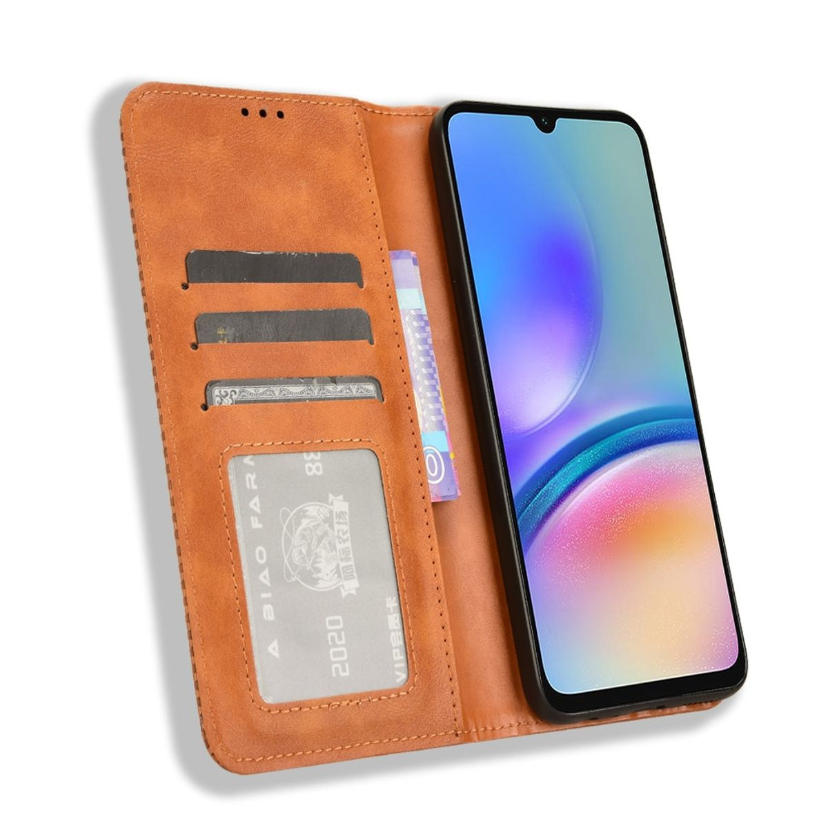 Braune Handy-Brieftaschentasche, geöffnet. Im Inneren befinden sich Karten, Geld und ein Telefon.