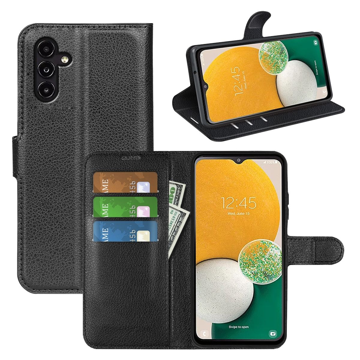 Schwarze Leder-Handyhülle, geöffnet. Sie enthält ein Telefon, Karten und Bargeld. Telefon zeigt Zeit/Datum.