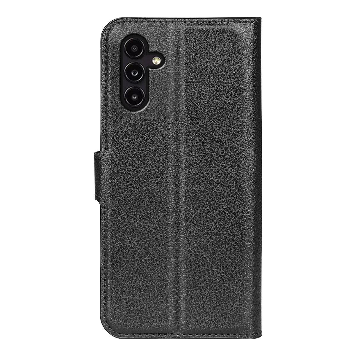 Geschlossene schwarze Handyhülle mit Telefon. Die Hülle ist schwarz und hat drei Kameralinsen.