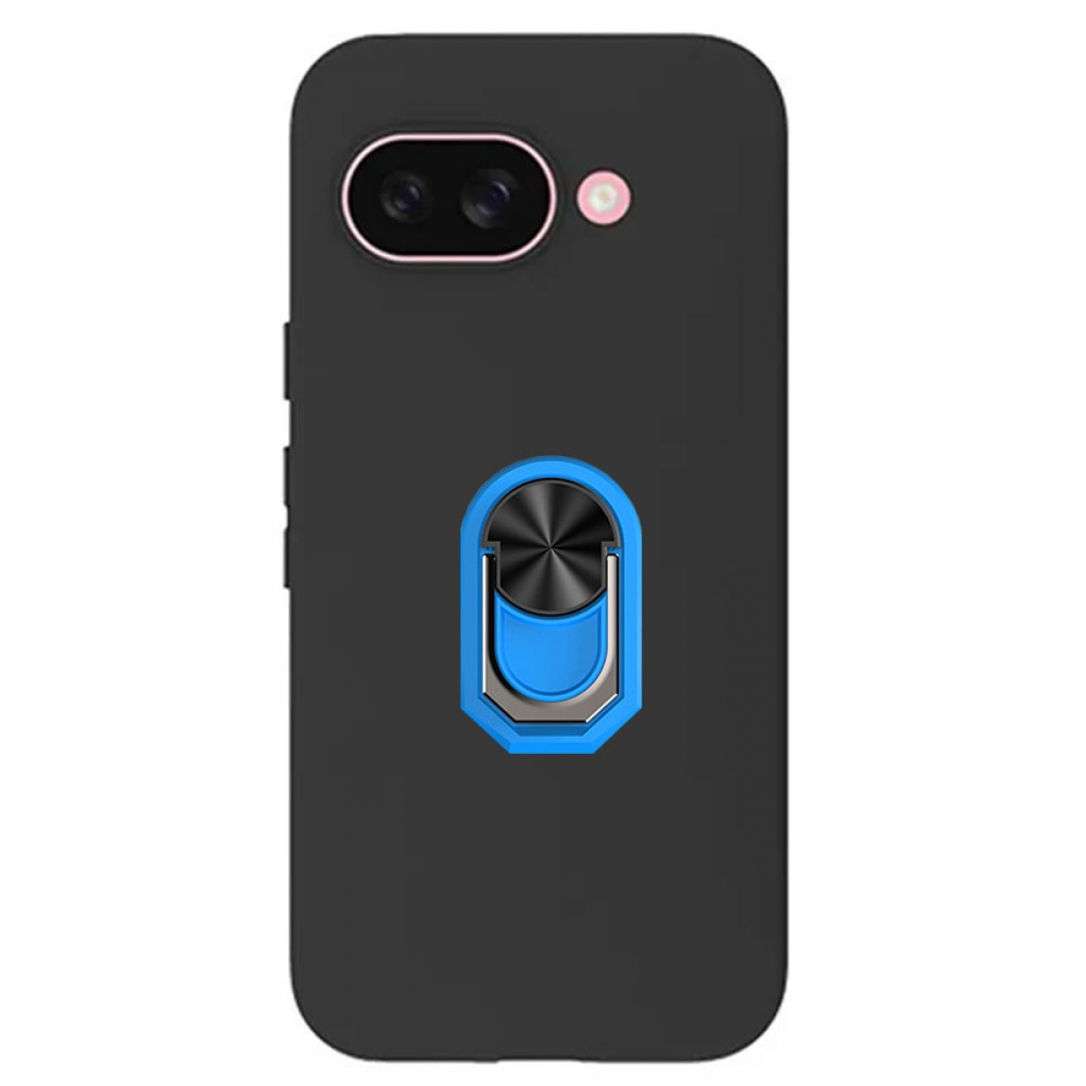 Schwarze Handyhülle mit blauem Ringhalter. Die Hülle ist auf einem schwarzen Telefon mit Dual-Kamera.