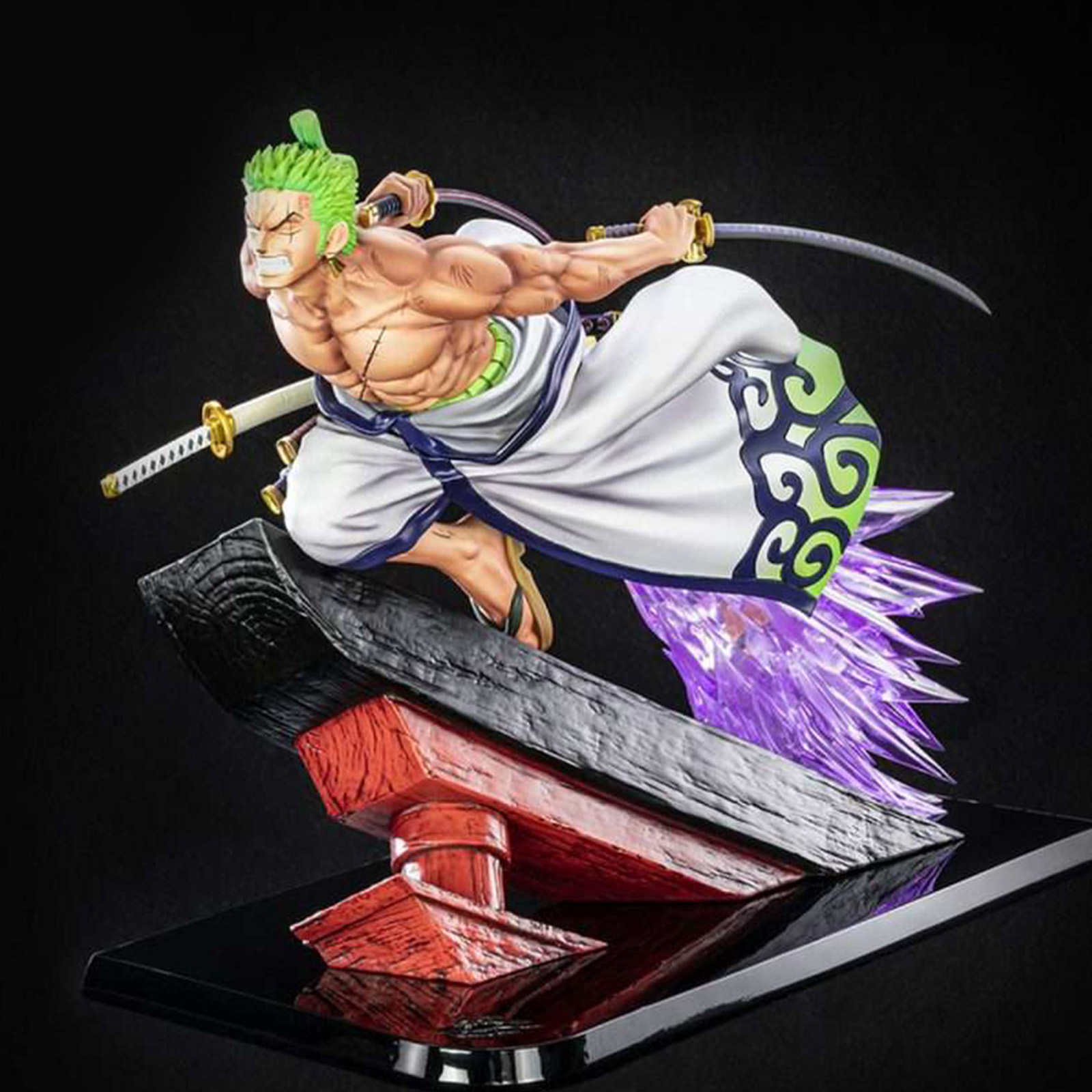 Eine Zoro-Anime-Figur, die zwei Schwerter hält, bereit für den Kampf. Lila Energie geht darunter aus.