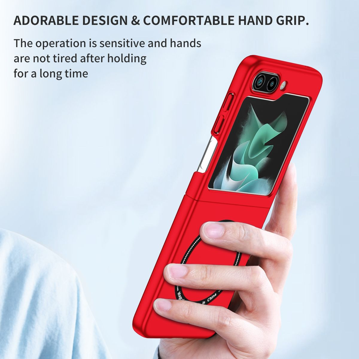 Rote Handyhülle mit Ringhalter. Eine Hand hält das Telefon.