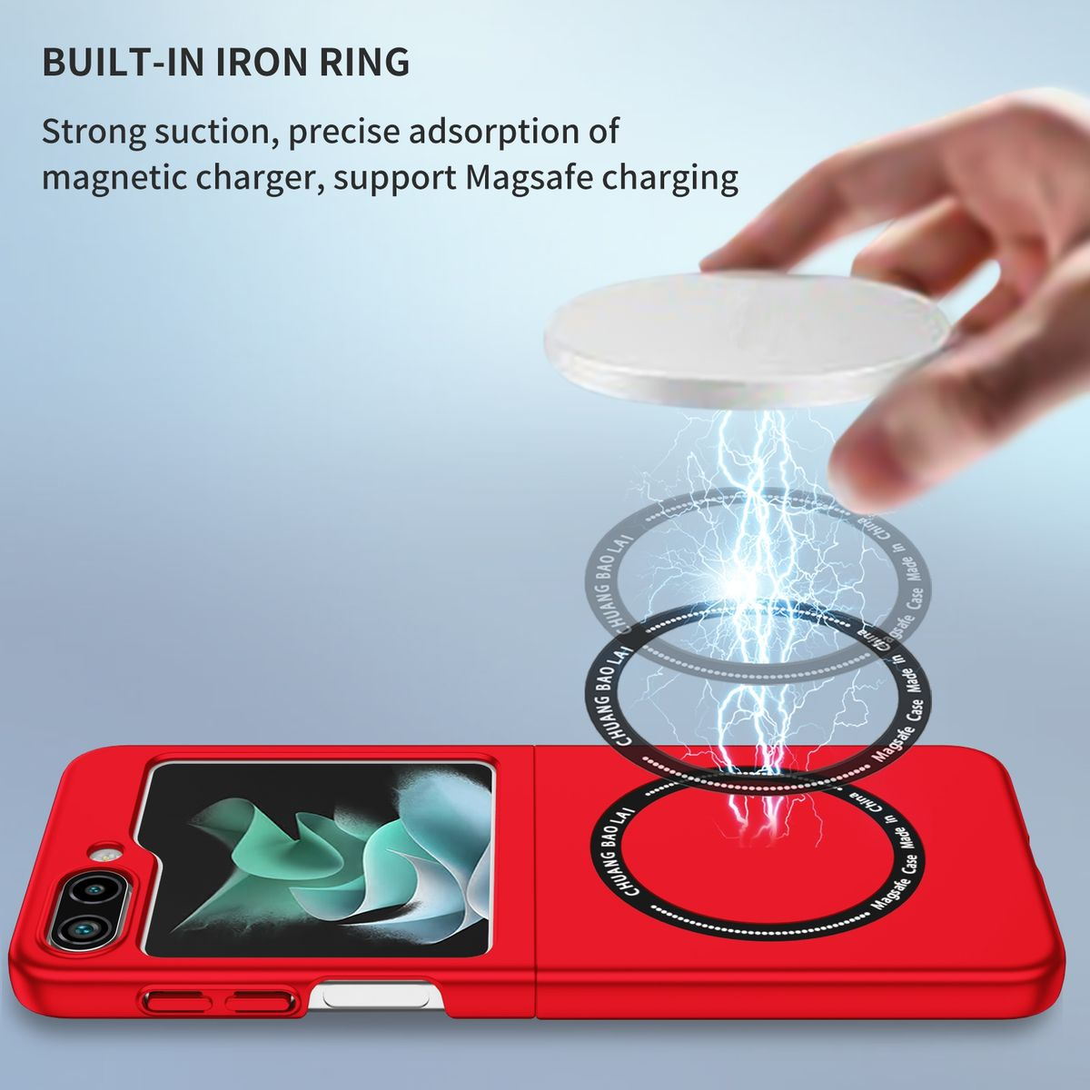 Eine rote Handyhülle mit Magnetringen, die ein Telefon aufladen. Das Ladegerät ist weiß.