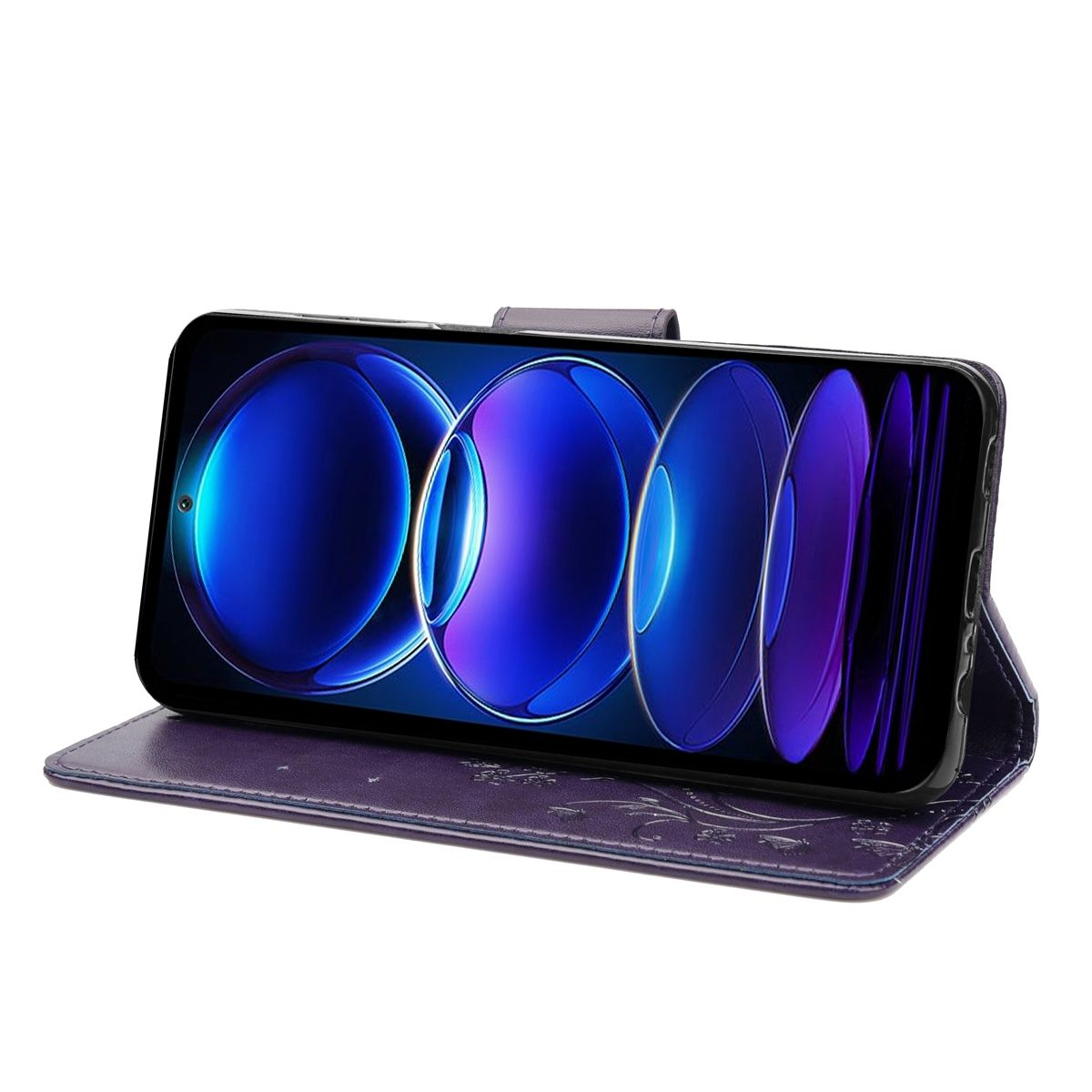 Telefon in einer Hülle im Folio-Stil. Der Bildschirm zeigt ein blaues abstraktes Design. Blumenmuster sind auf der Hülle geprägt.