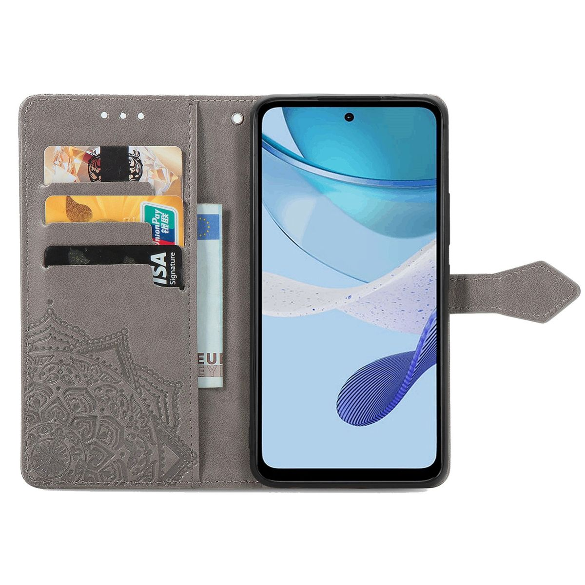 Graue Handyhülle im Wallet-Design, mit Karten, Geld und Telefon.