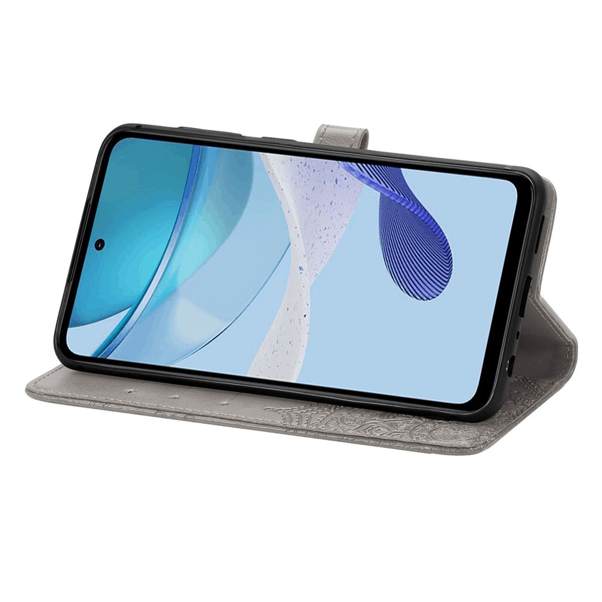 Offene graue Handyhülle mit Telefon. Der Bildschirm ist sichtbar.