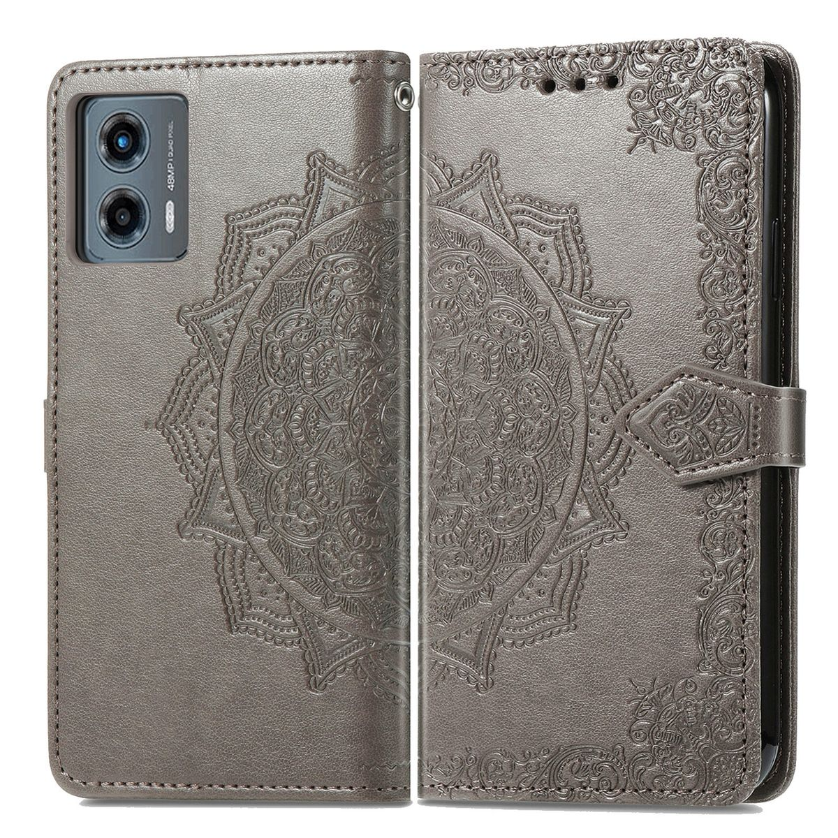 Graue Handyhülle mit geprägtem Mandala-Design.
