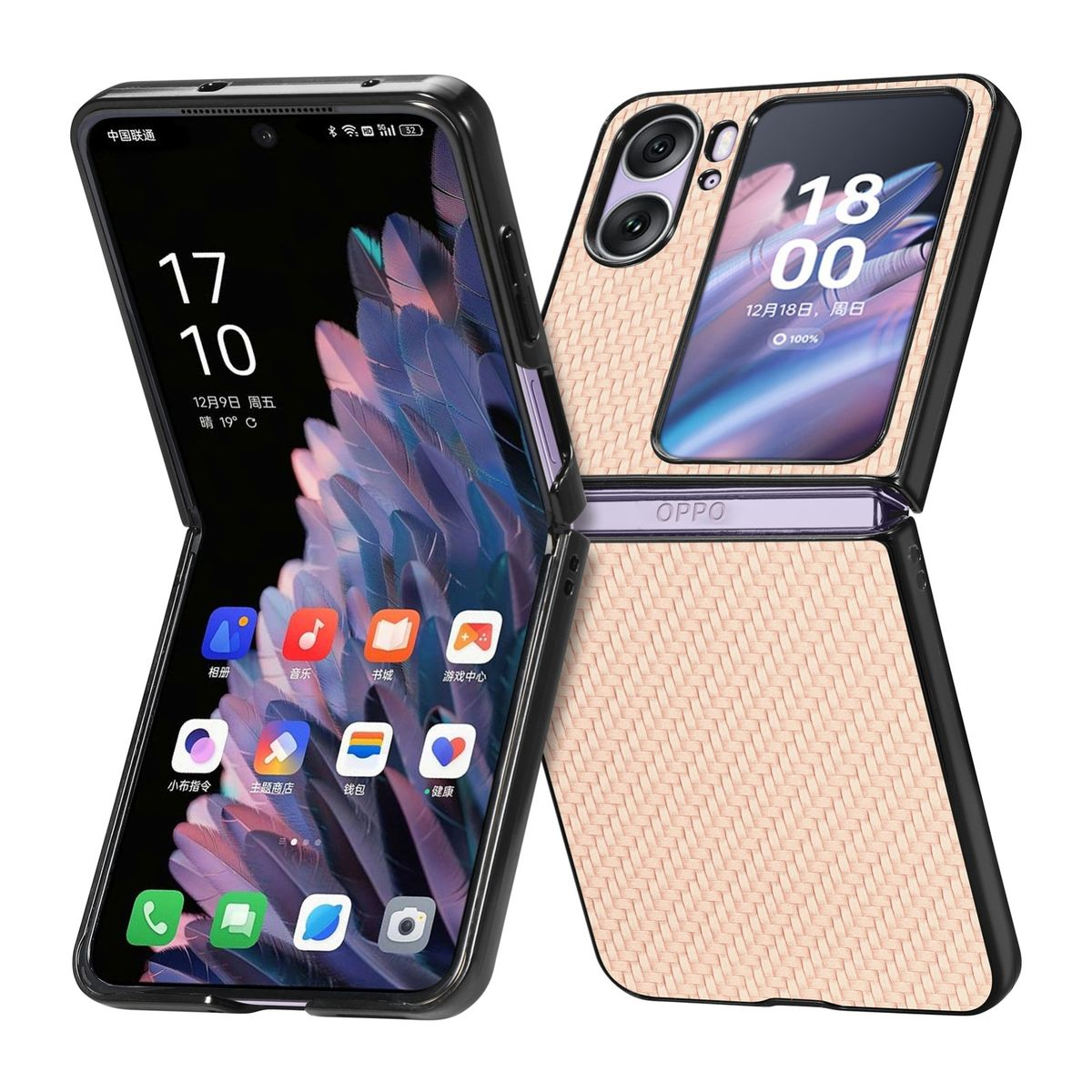 Faltbares Telefon, offen und geschlossen. Rosa gewebte Rückwand. Zeigt Zeit und App-Symbole.