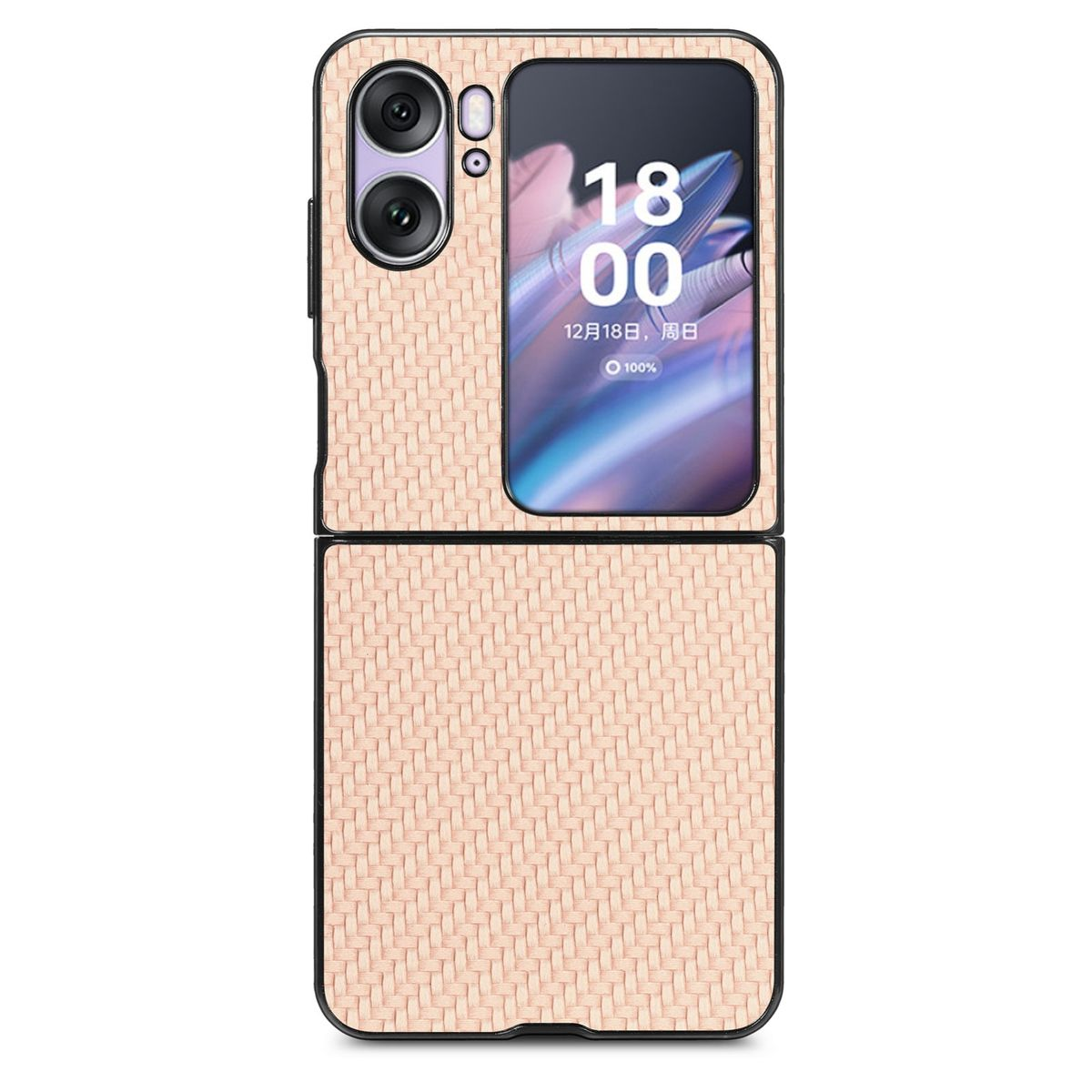 Beige Handyhülle, offen. Telefonbildschirm zeigt Zeit und Datum. Gewebtes Muster auf der Hülle.