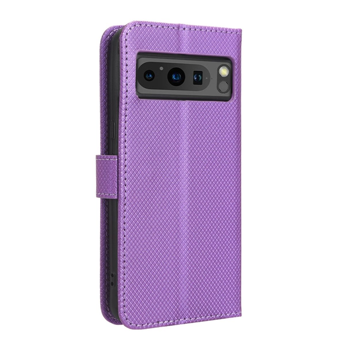 Violette Handyhülle mit Telefon. Das Telefon hat eine Kamera oben.