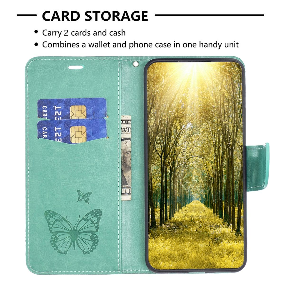 Türkisfarbene Handyhülle mit Kartenfächern und einem Telefon, das ein Waldmotiv mit einem Schmetterling zeigt.