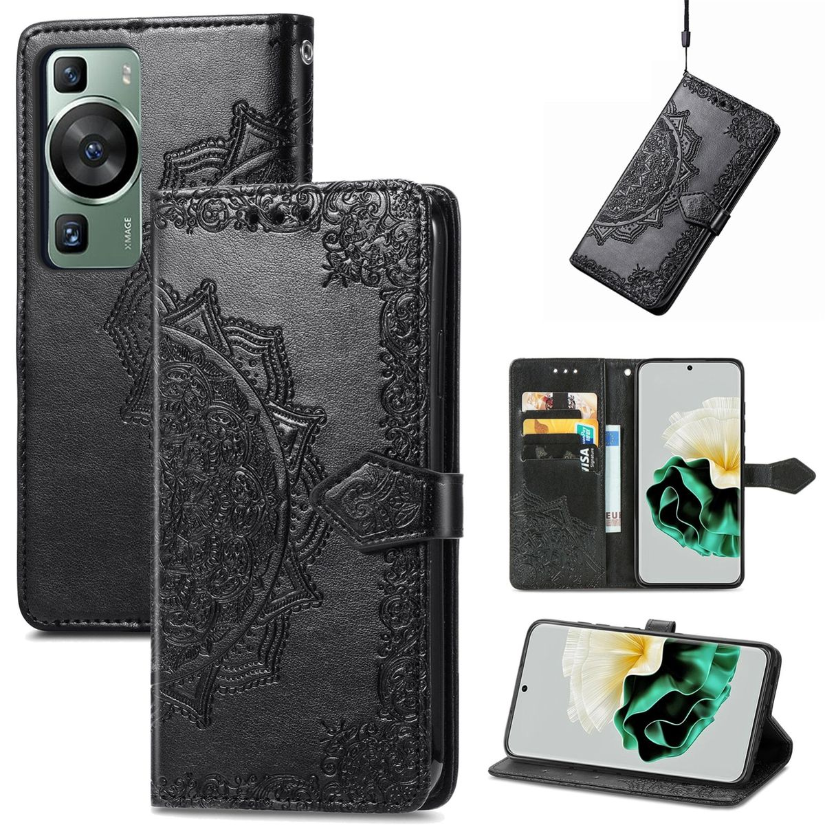Schwarze Handyhülle mit floralem Design. Mehrere Ansichten, einschließlich Karten und Geld.