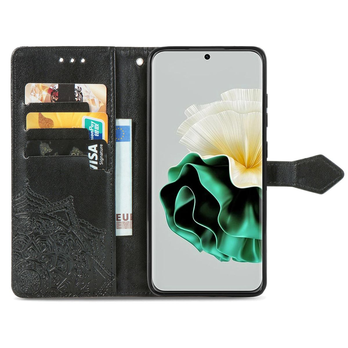 Eine schwarze Handyhülle ist offen mit Kreditkarten und einem Telefon mit grünem Bildschirm. Blumenmuster.