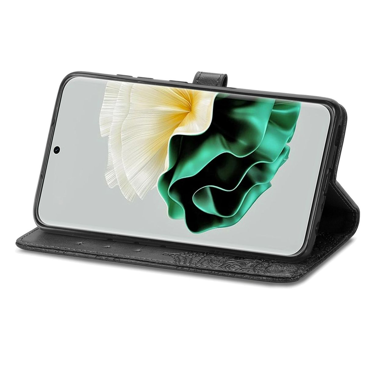 Telefon in schwarzer Hülle, aufgeklappt. Der Telefonbildschirm zeigt ein Bild. Weißer Hintergrund.