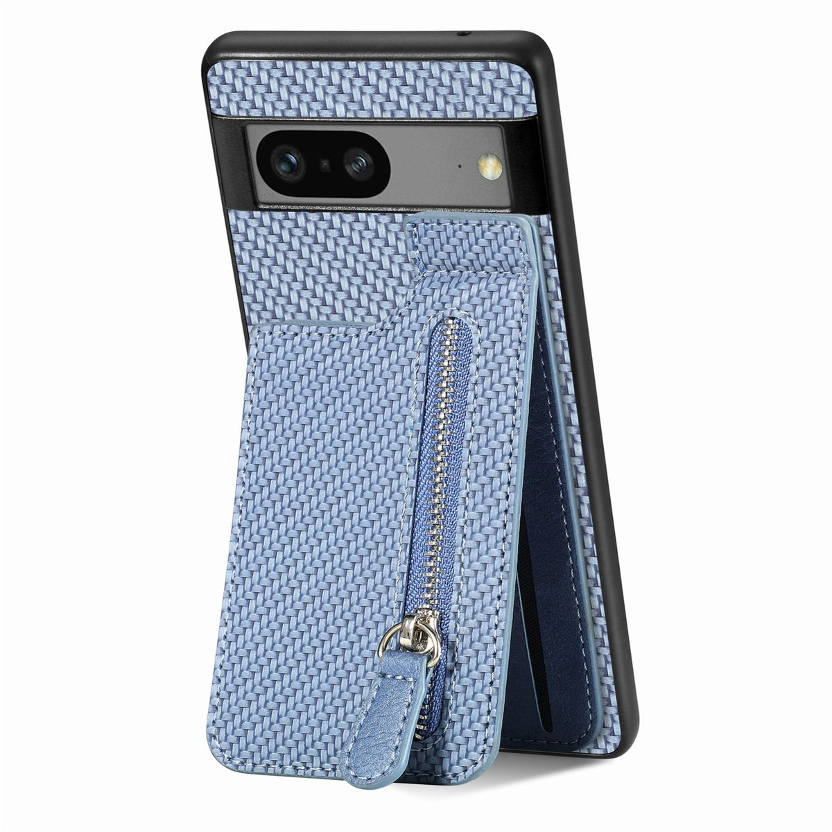 Blaue Handyhülle mit Kartenhalter und Reißverschluss. Telefon ist schwarz. Blaue Webstruktur.
