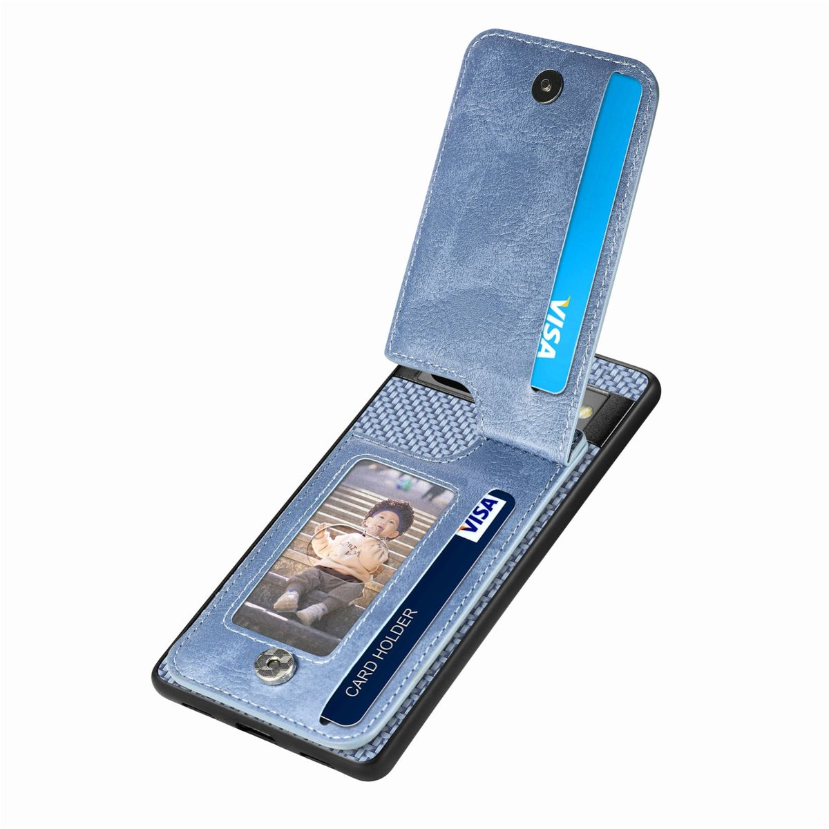 Geöffnete blaue Handyhülle, zeigt Telefon, Kreditkarte und Foto.