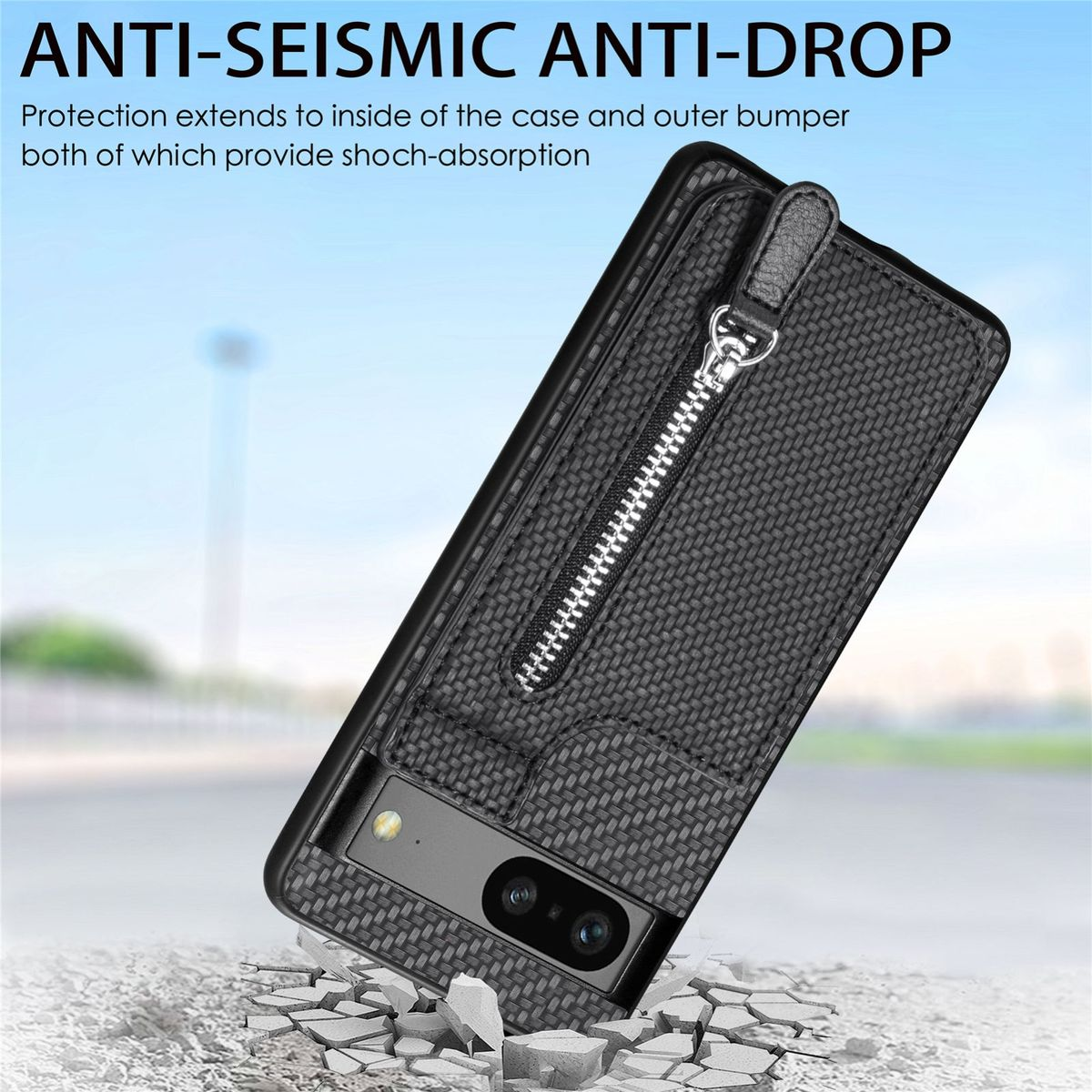 Schwarze Handyhülle mit Reißverschlusstasche, Karbonfasermuster und einem Telefon mit Kamera.