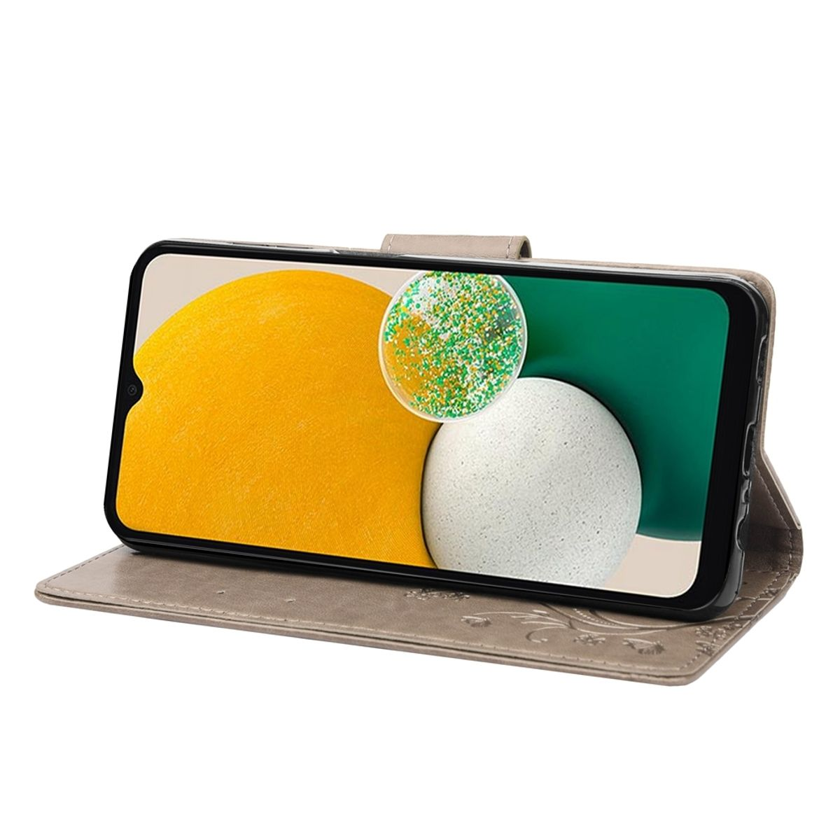 Ein Telefon in einer Hülle, offen. Der Bildschirm zeigt ein gelbes und grünes abstraktes Design. Die Hülle ist beige.