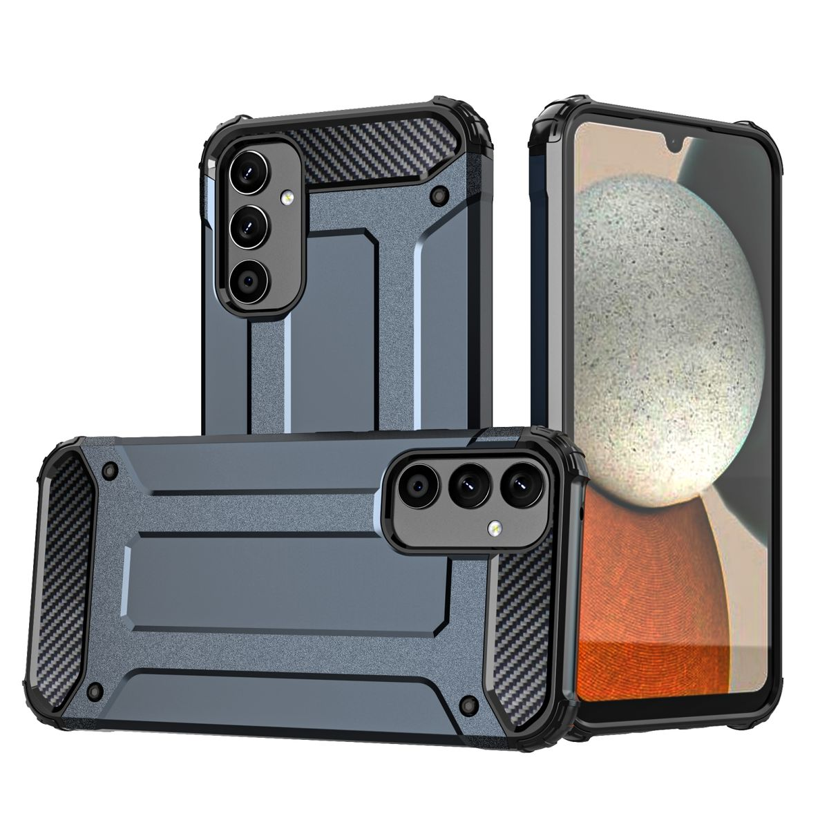Blau-schwarze Handyhülle, offen, mit drei Kameras. Ein Telefon ist innen.