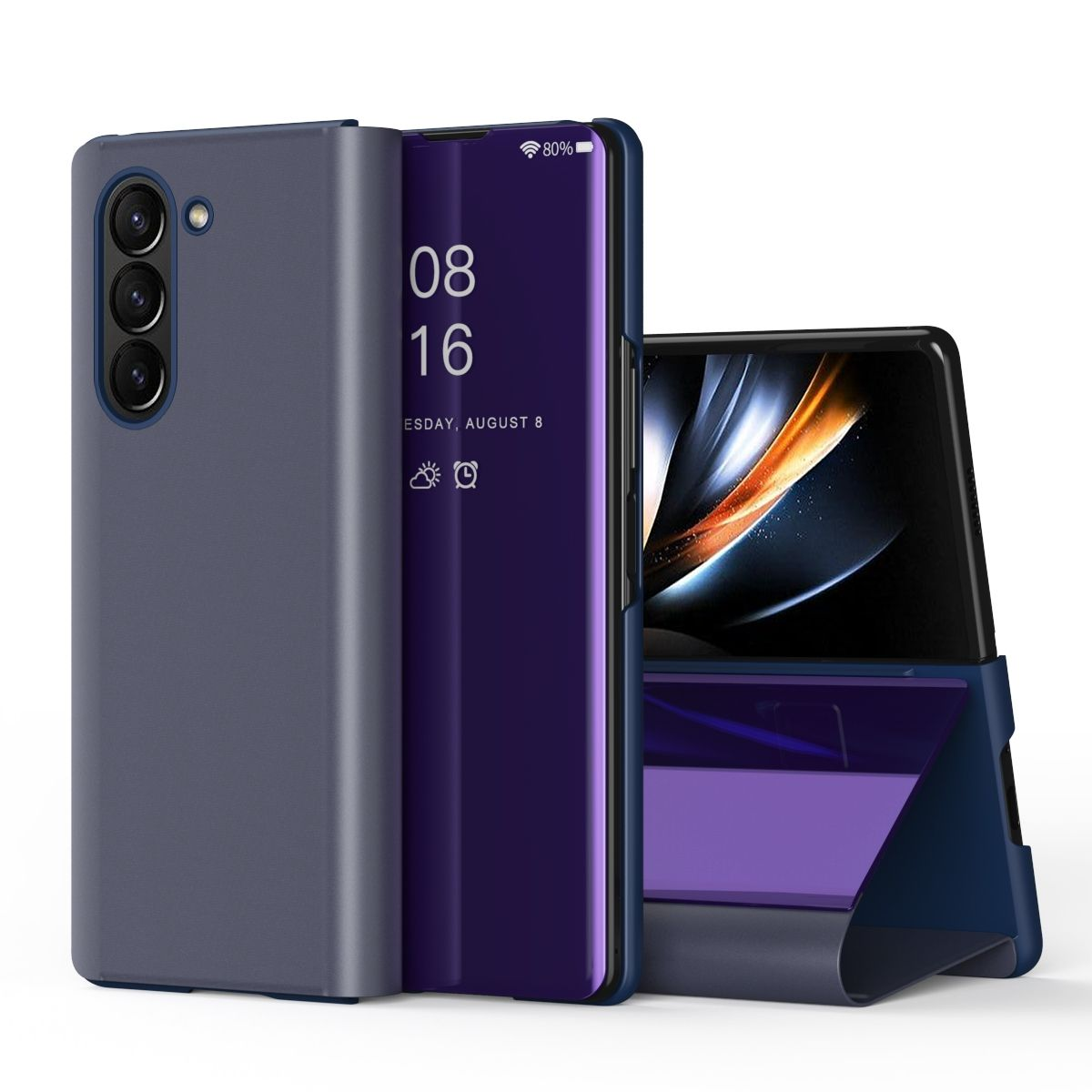Blau-dunkelblaue Handyhülle mit geöffneter Sicht auf das Telefon. Bildschirm zeigt Digitaluhr.