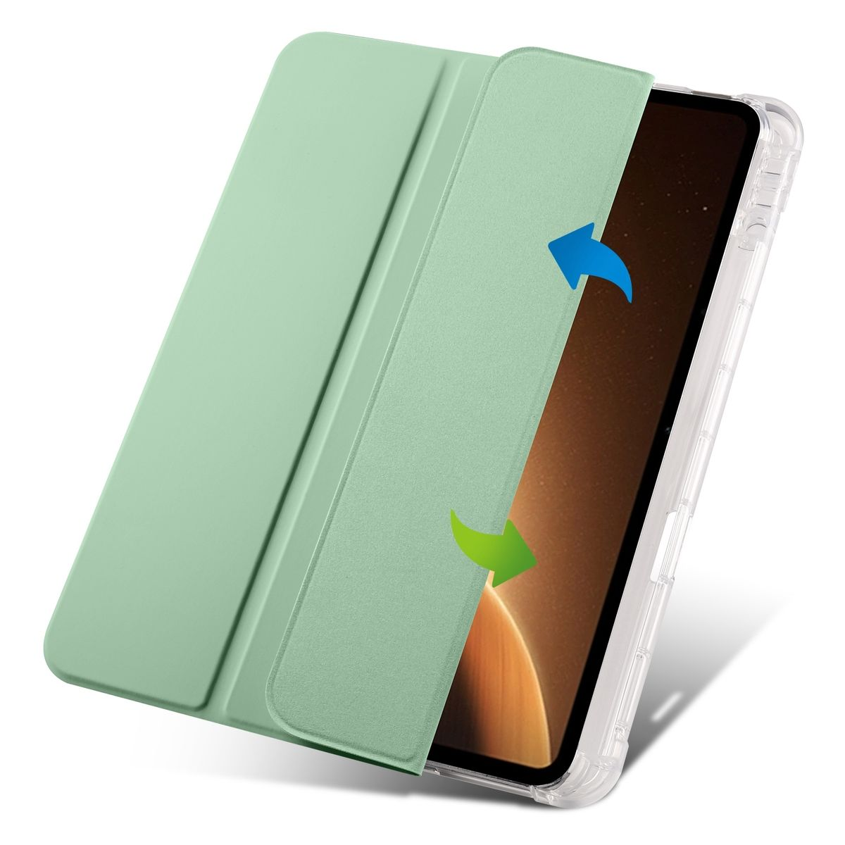 Eine Tablet-Hülle, geöffnet. Sie ist mintgrün und der Tablet-Bildschirm ist sichtbar. Pfeile zeigen das Öffnen/Schließen an.
