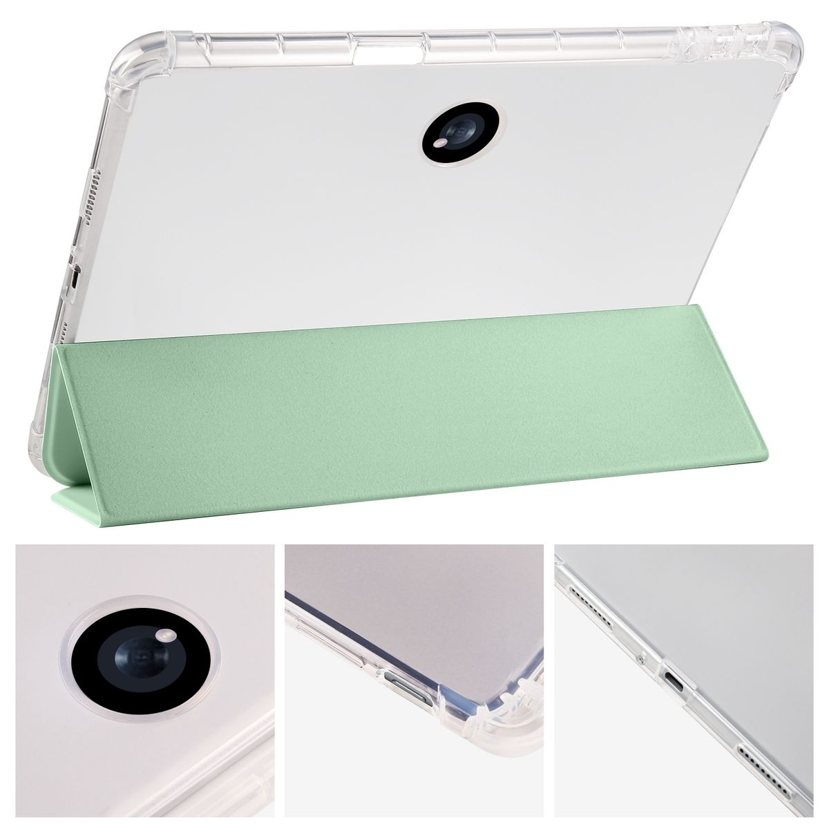 Tablet mit klarer Hülle und Ständer. Die Hülle ist klar mit einem mintgrünen Ständer und einer Rückkamera.