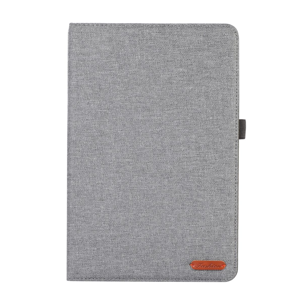 Graue Tablet-Hülle. Die Hülle ist geschlossen und hat eine stoffartige Textur. Das Wort 'Fashion' ist sichtbar.