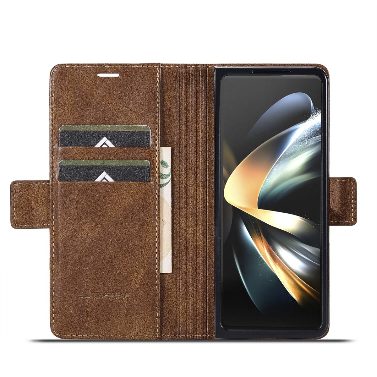Braune Leder-Handyhülle, geöffnet, um ein Telefon und Kartenfächer zu zeigen.