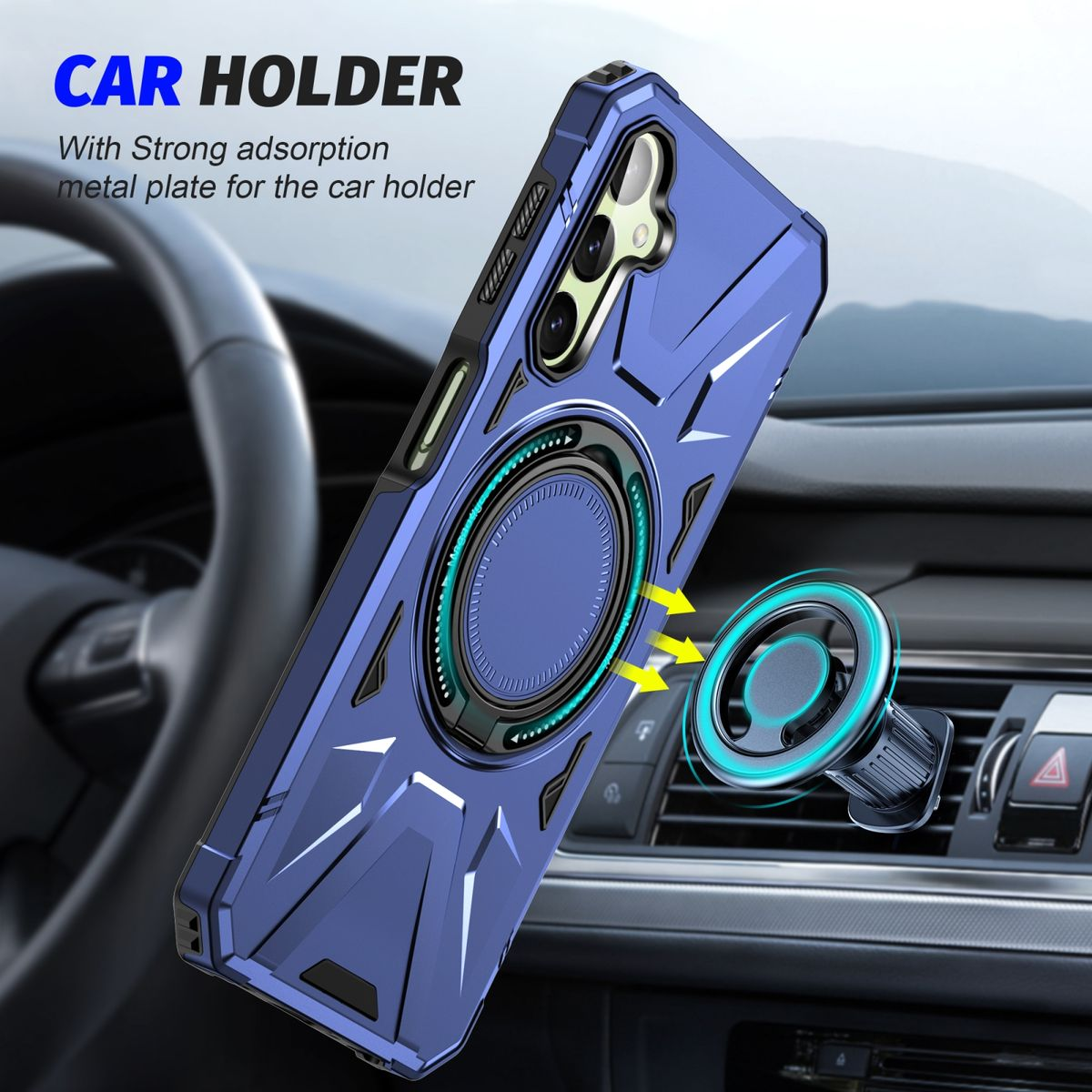 Blaue Handyhülle mit Autohalterung und einem Autoinnenraum-Hintergrund.