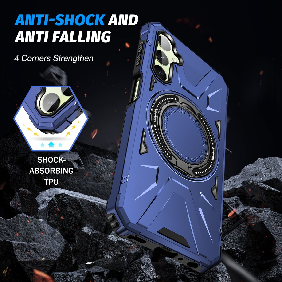 Blaue Handyhülle mit Metallring. Mit stoßabsorbierenden Ecken und Text, 'Anti-Schock und Anti-Sturz'.