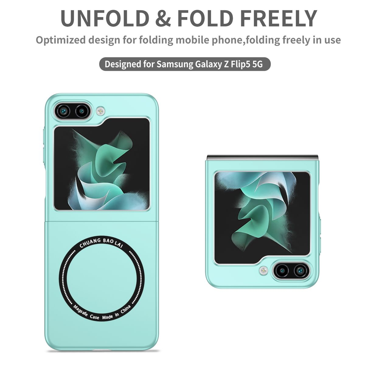 Zwei türkisblaue Handyhüllen geöffnet. Text: "UNFOLD & FOLD FREELY". Für Samsung Galaxy Z Flip5 5G.