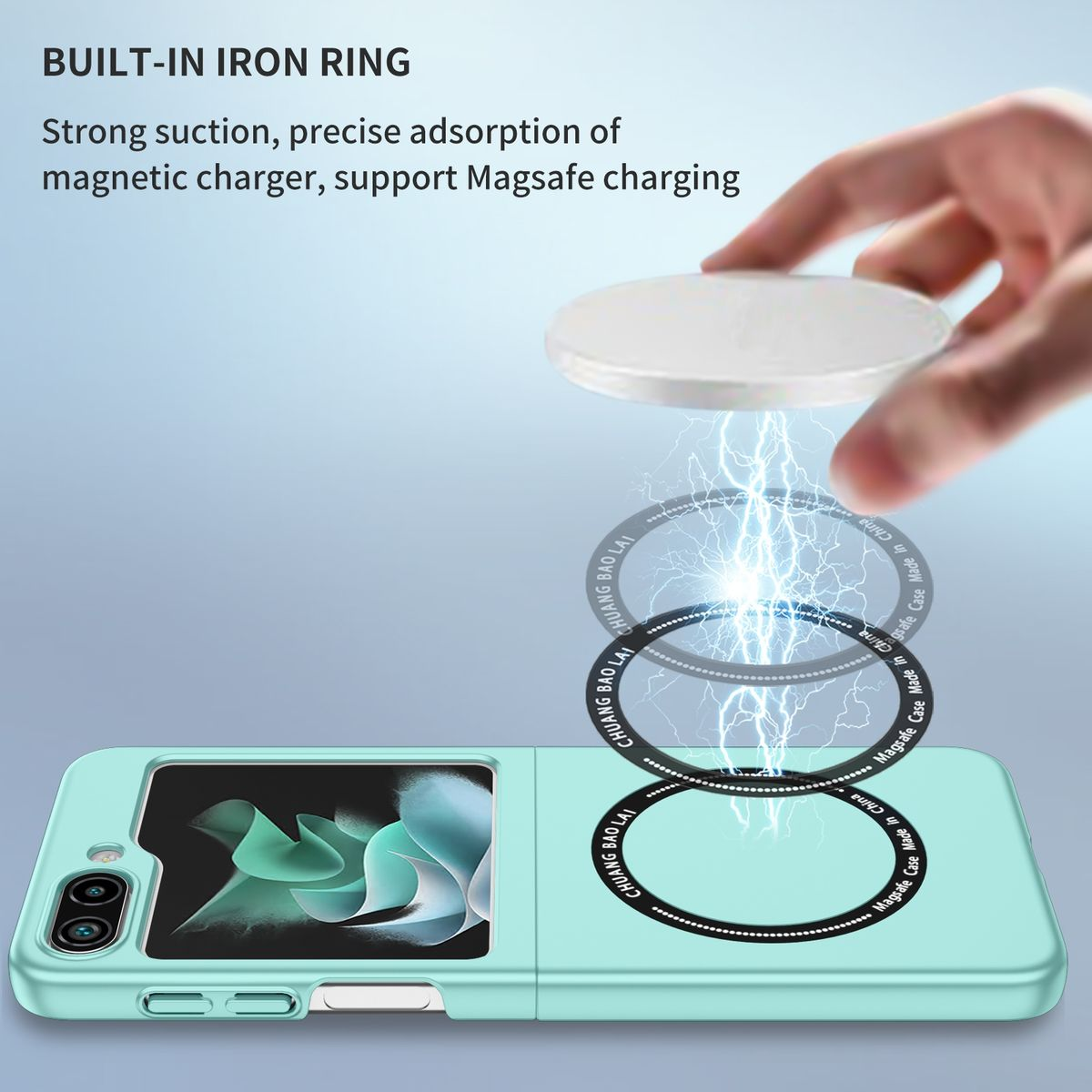Eine Handyhülle mit einem magnetischen Ladegerät wird gezeigt. Das Ladegerät schwebt über dem Telefon, mit Lichtbögen.