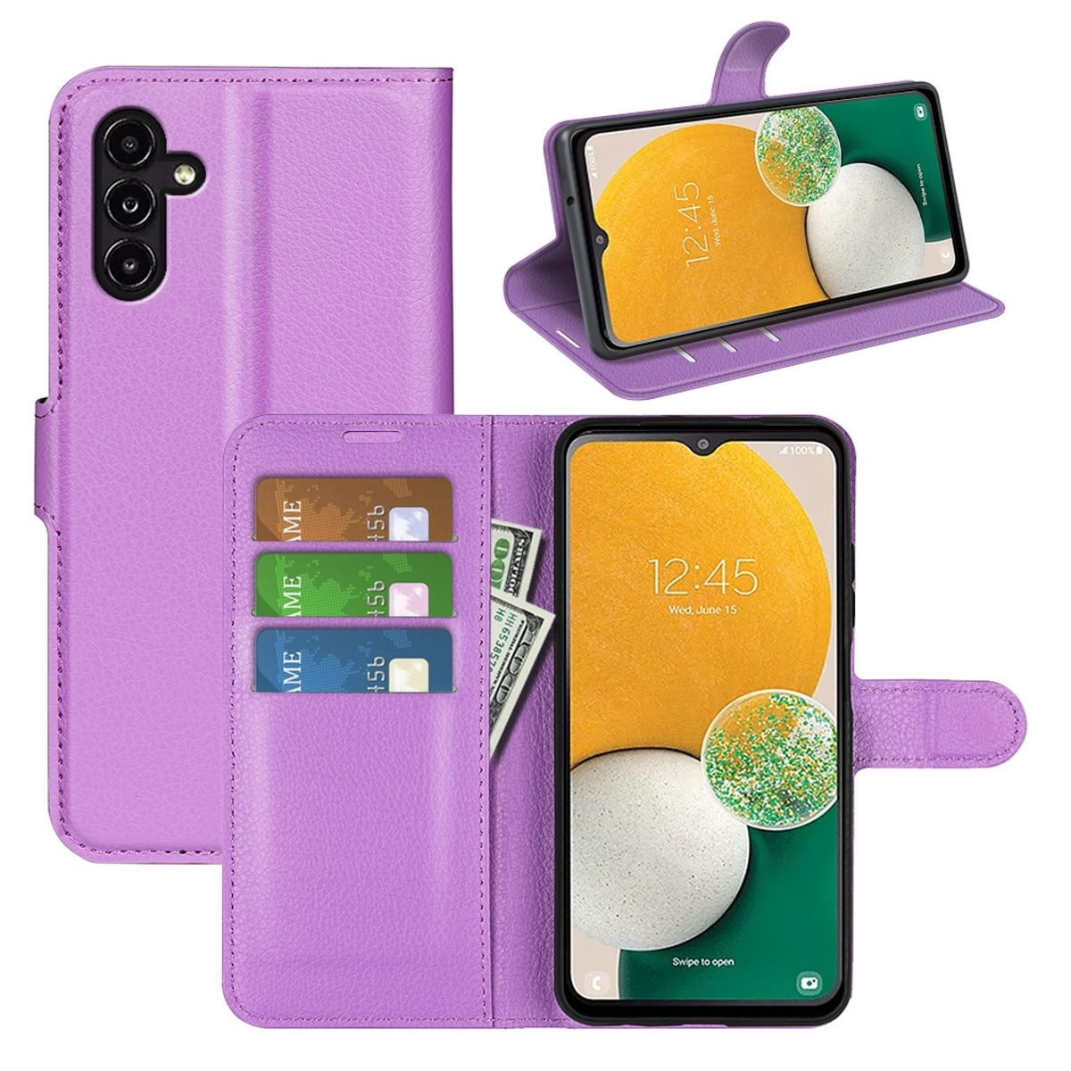 Lila Handy-Geldbörsenetui mit Kartenfächern und einem Dollarnoten. Das Telefon wird angezeigt.