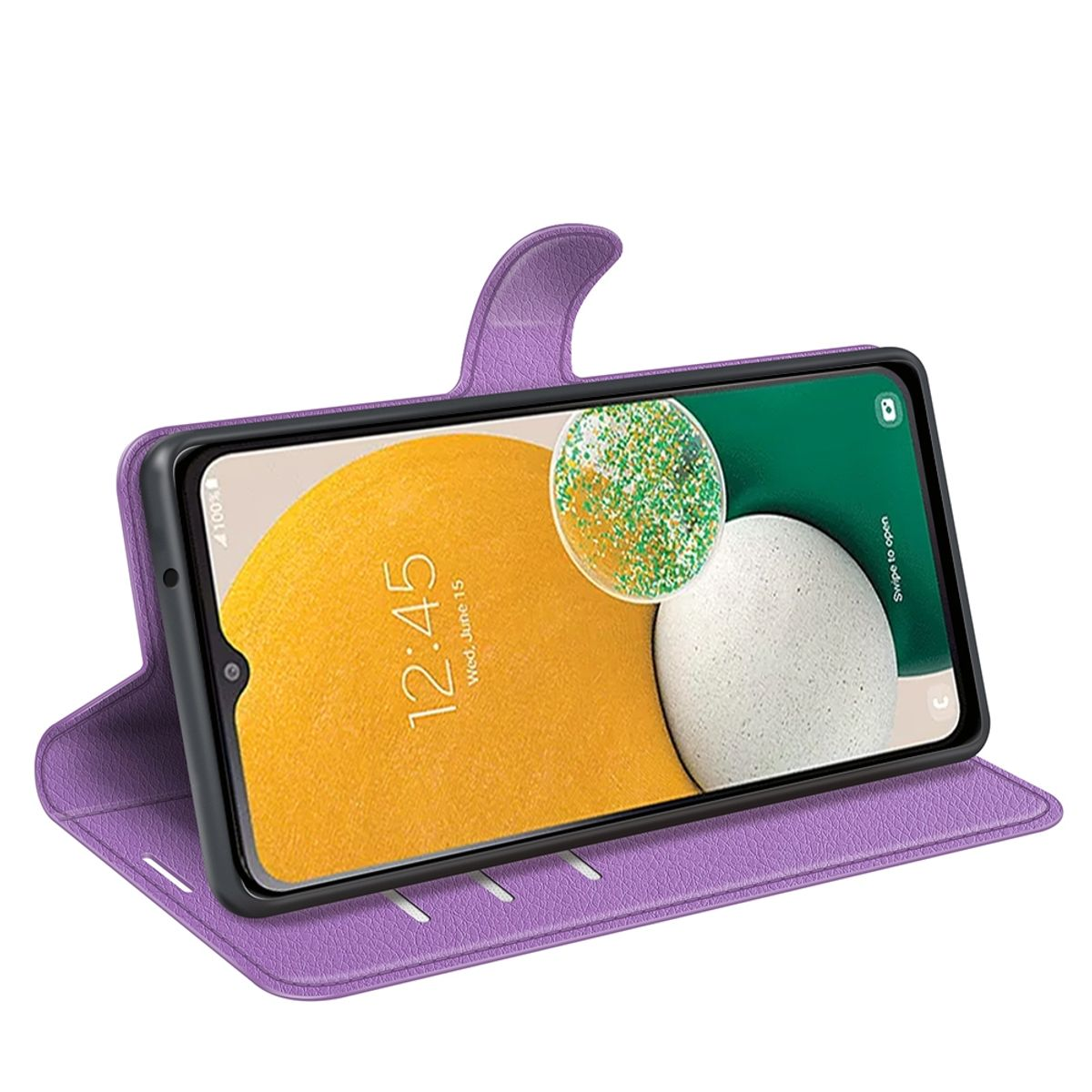 Lila Handyhülle, Telefon zeigt Bildschirm mit gelb-grünem abstraktem Design.