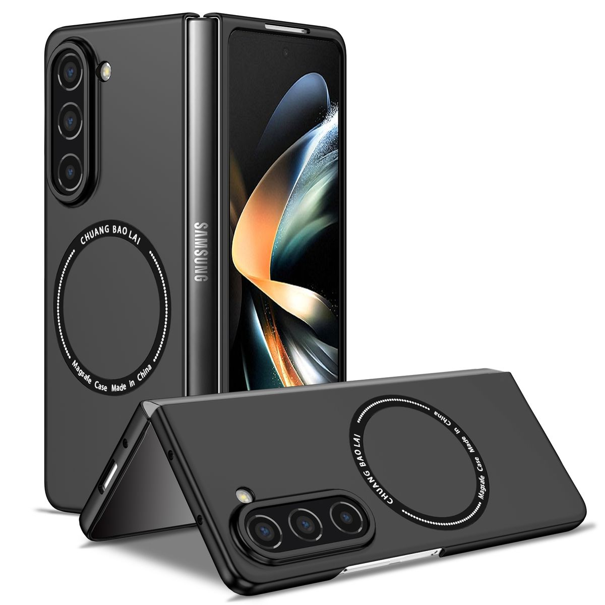 Schwarze Handyhülle für ein faltbares Samsung-Handy. Markenname und Magnetring sichtbar.