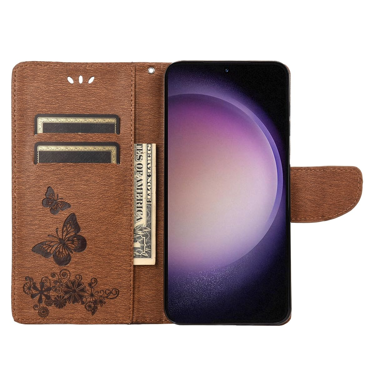 Telefonhülle, offen, mit Telefon, zwei Kartenfächern und einem Dollarnoten. Das Gehäuse hat Schmetterlings- und Blumendesigns.