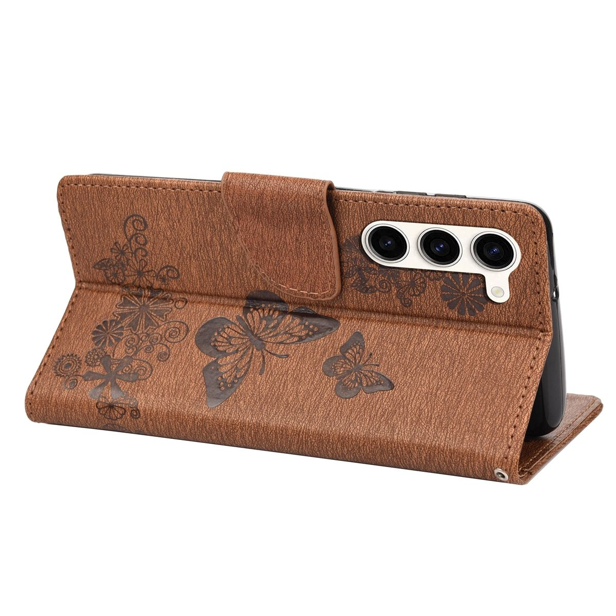 Braune Handyhülle mit Schmetterlingsdesign. Telefon ist offen, um den Bildschirm zu zeigen.