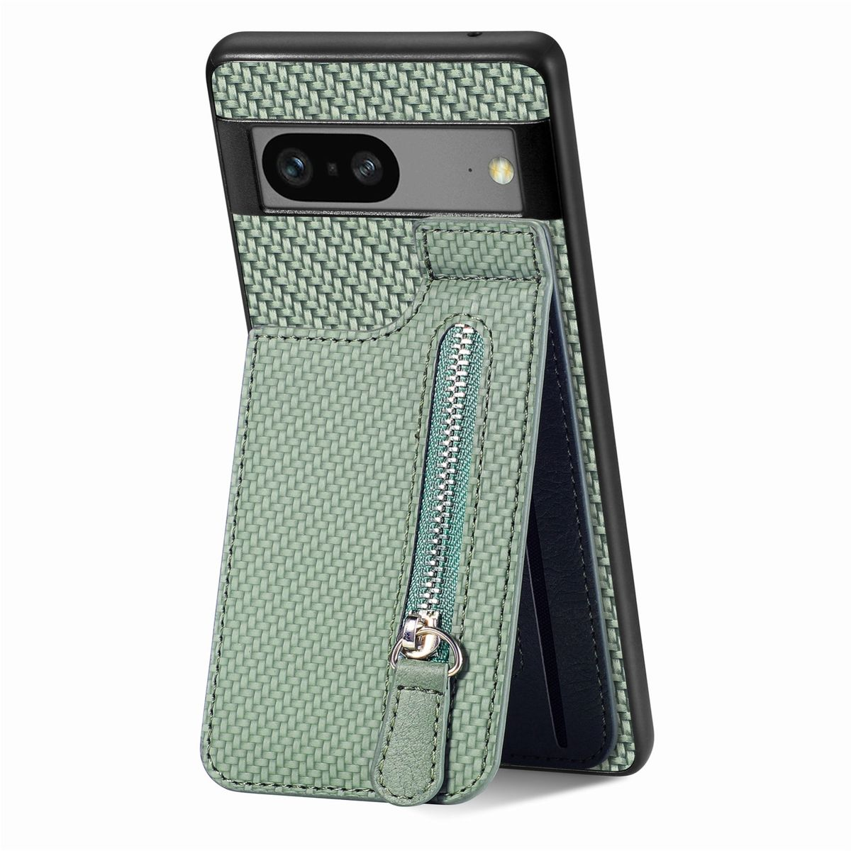 Grüne Handyhülle mit Kartenhalter und Reißverschluss. Das Telefon ist in dunklem Case mit schwarzem Rahmen.
