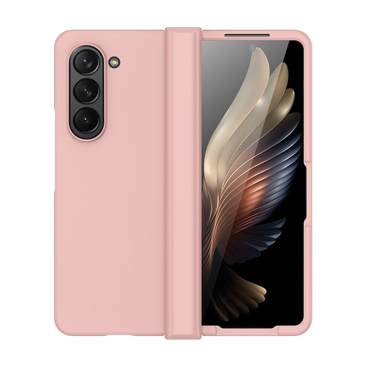 Eine rosa Handyhülle mit einem Telefon darin. Das Telefon ist teilweise geöffnet und zeigt einen Bildschirm.