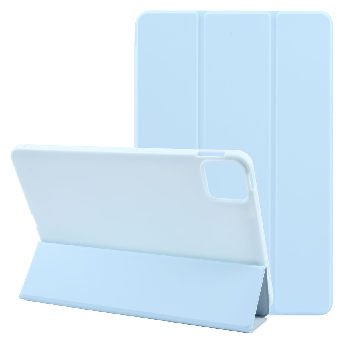 Hellblaue Tablethüllen, geöffnet und aufgestellt, weißer Hintergrund.