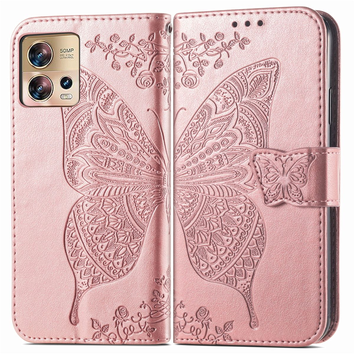 Rosafarbene Handyhülle offen, mit Schmetterlingsdesign. Blumen- und Schmetterlingsdetails.