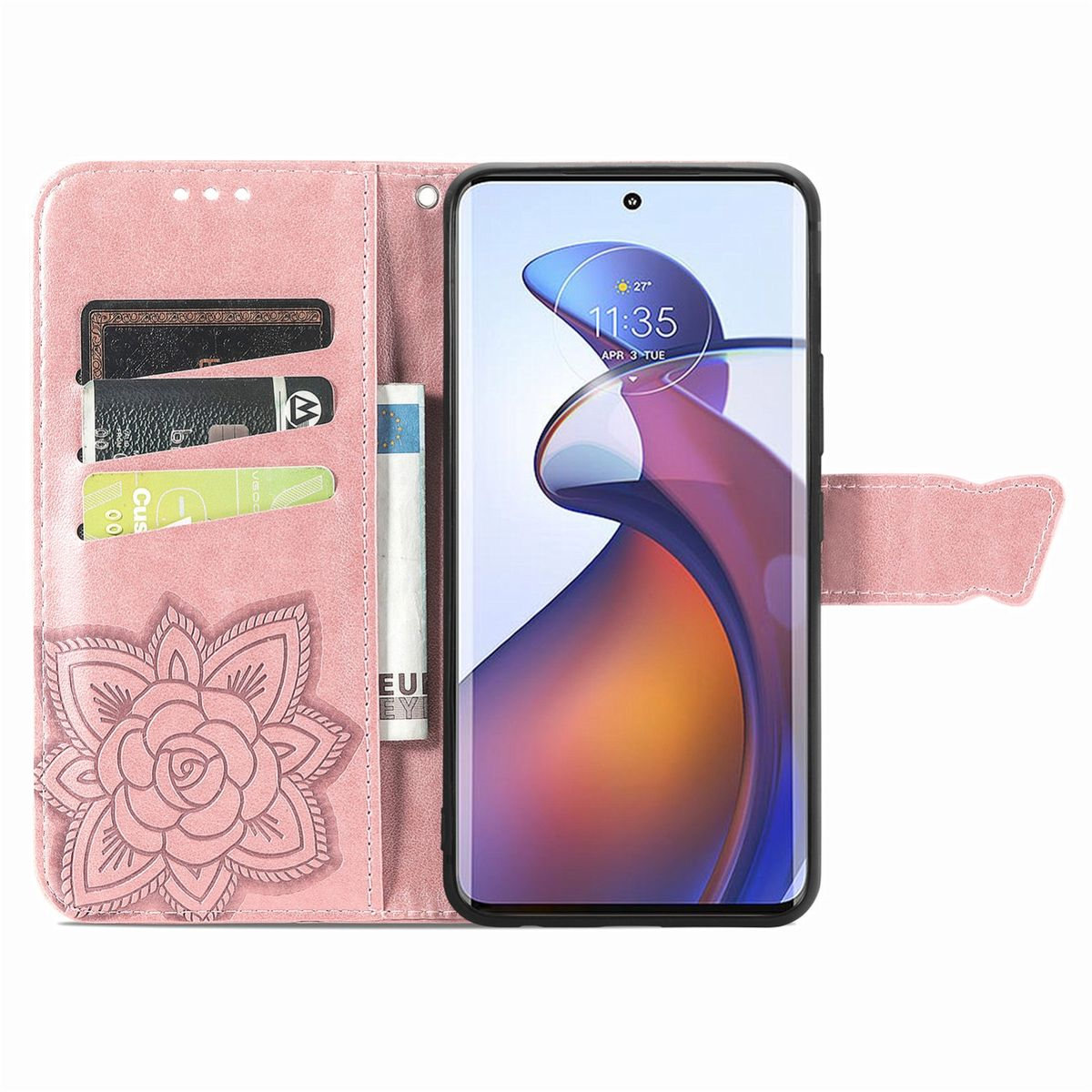 Rosa Handyhülle offen, zeigt Telefon, Karten und Blumendesign. Das Telefon ist offen.
