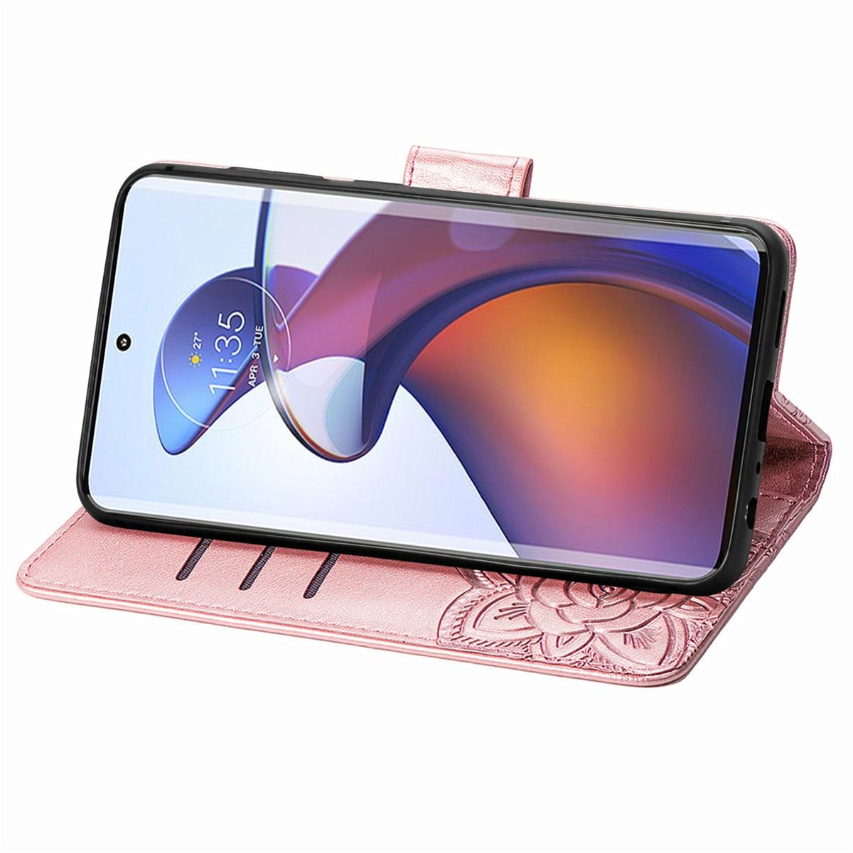 Rosa Leder-Handyhülle geöffnet mit Telefon darin. Ein Blumenmuster ist auf die Hülle geprägt.
