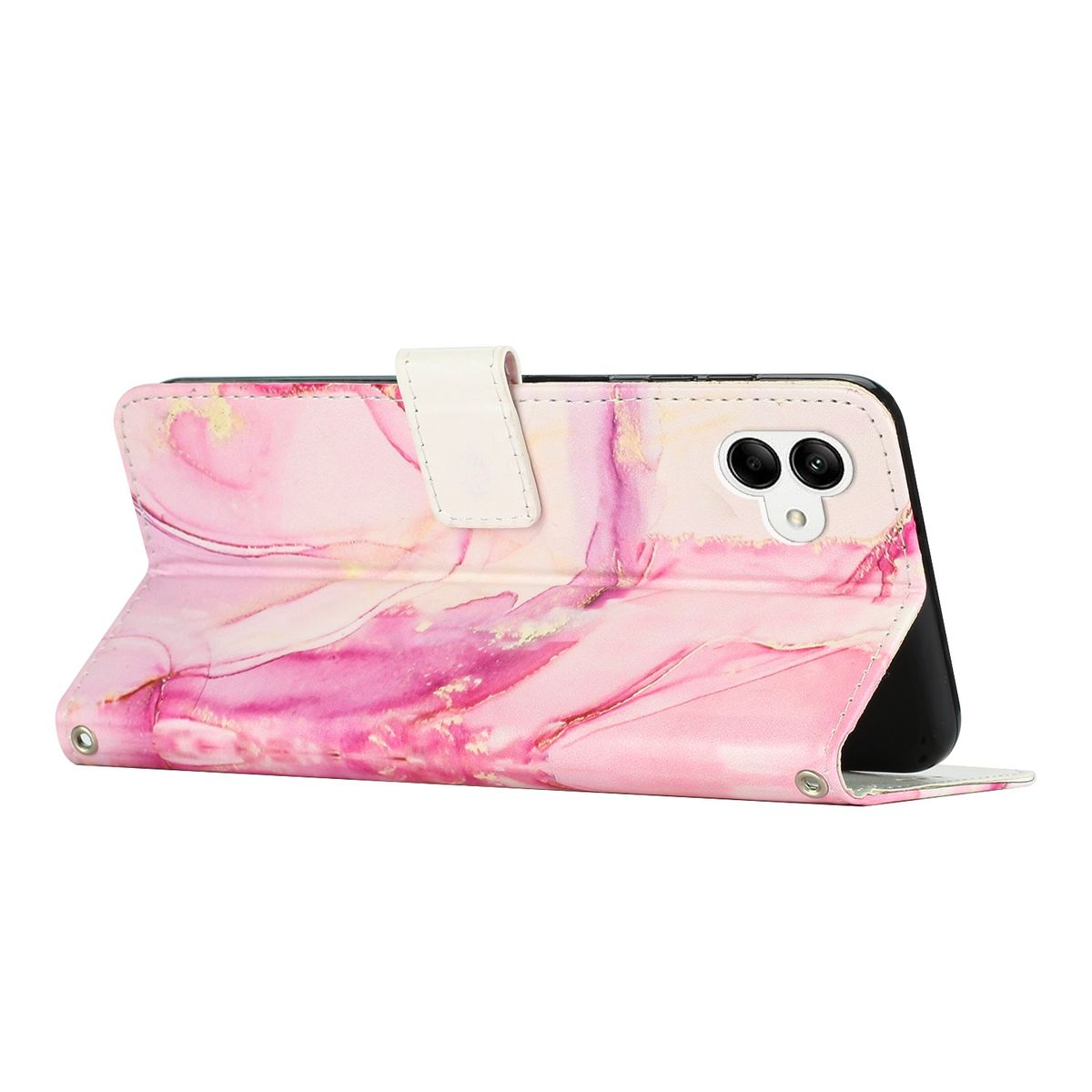 Geöffnete Handyhülle mit rosa Marmormuster. Das Telefon im Inneren ist schwarz mit blauem Bildschirm und Kamera.