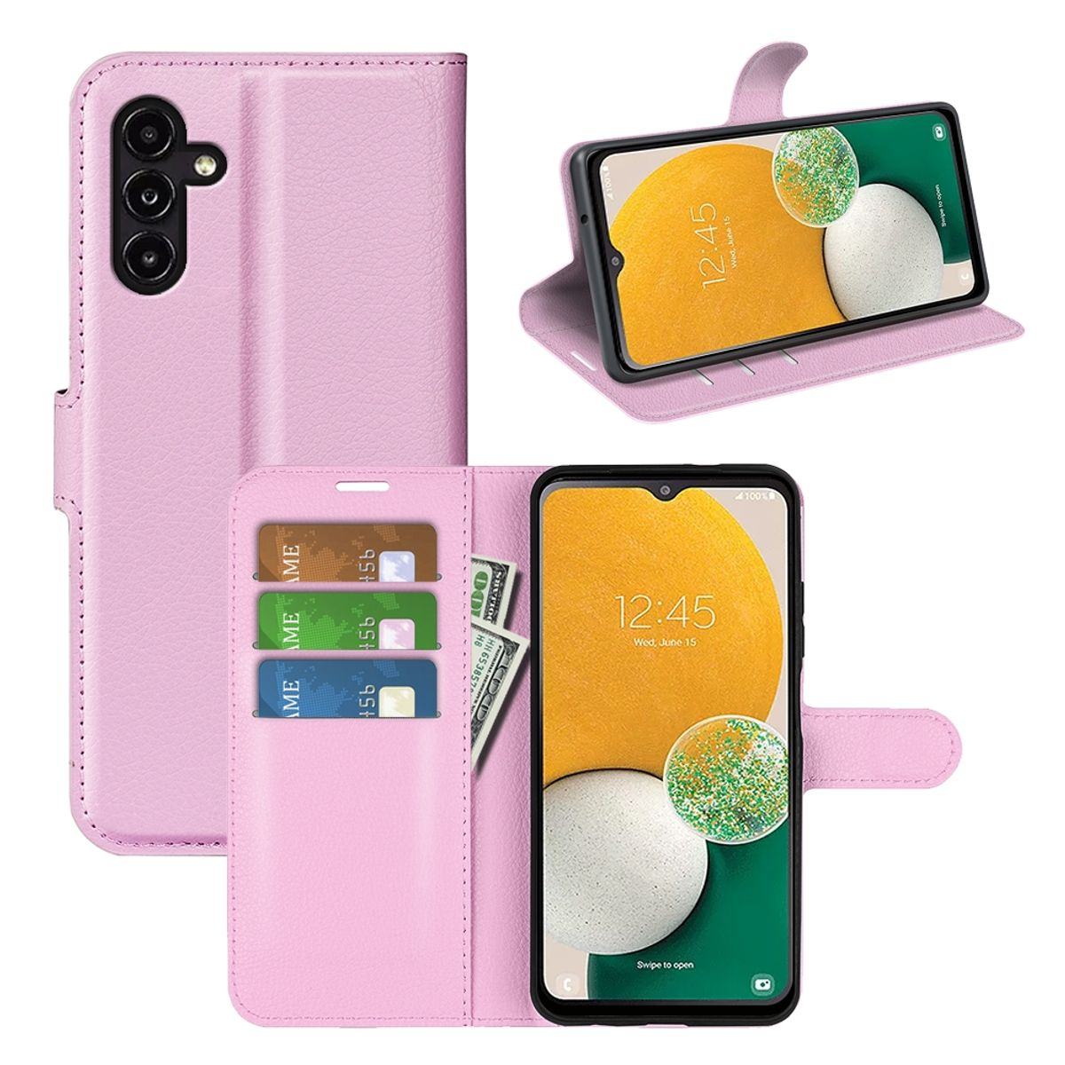 Rosa Handyhülle mit Kartenfächern und Aufstellfunktion, Telefon mit gelbem Bildschirm.