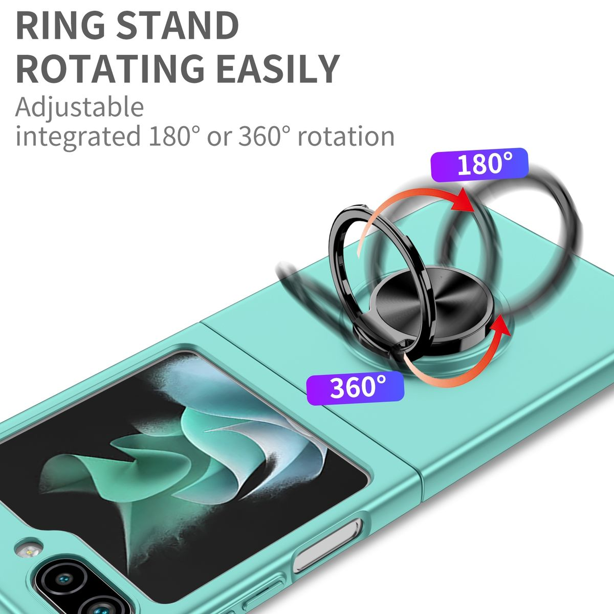 Eine türkisfarbene Handyhülle mit drehbarem Ringständer, die 180- und 360-Grad-Drehung zeigt.