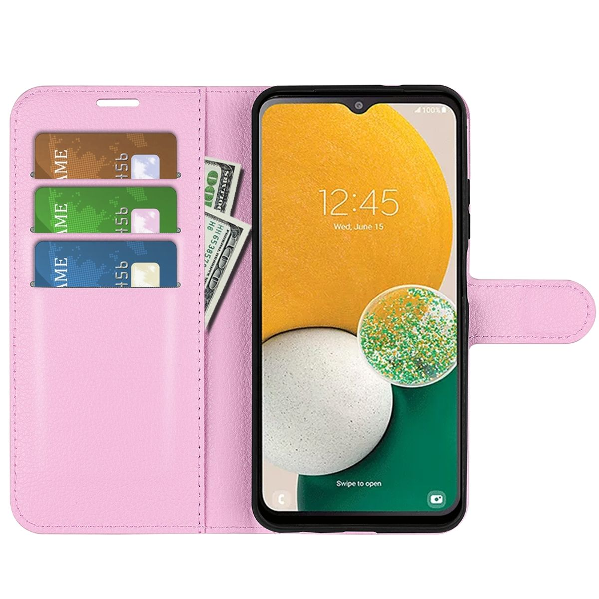 Geöffnete rosa Handyhülle mit Telefon, Kartenfächern und Geld. Es hat ein gelbes Telefondisplay.
