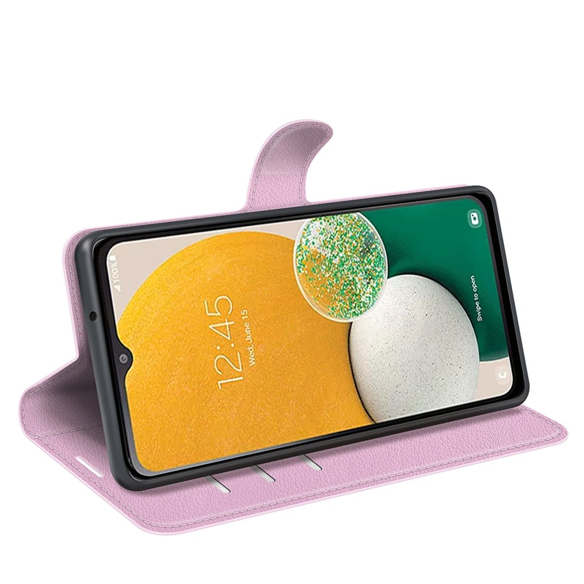 Eine rosa Handyhülle, die ein Telefon hält. Der Telefonbildschirm zeigt eine gelbe und grüne Grafik.